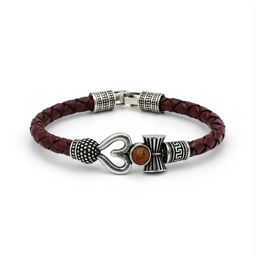 Lord Shiva Mahakal Leather Bracelet on clean white background