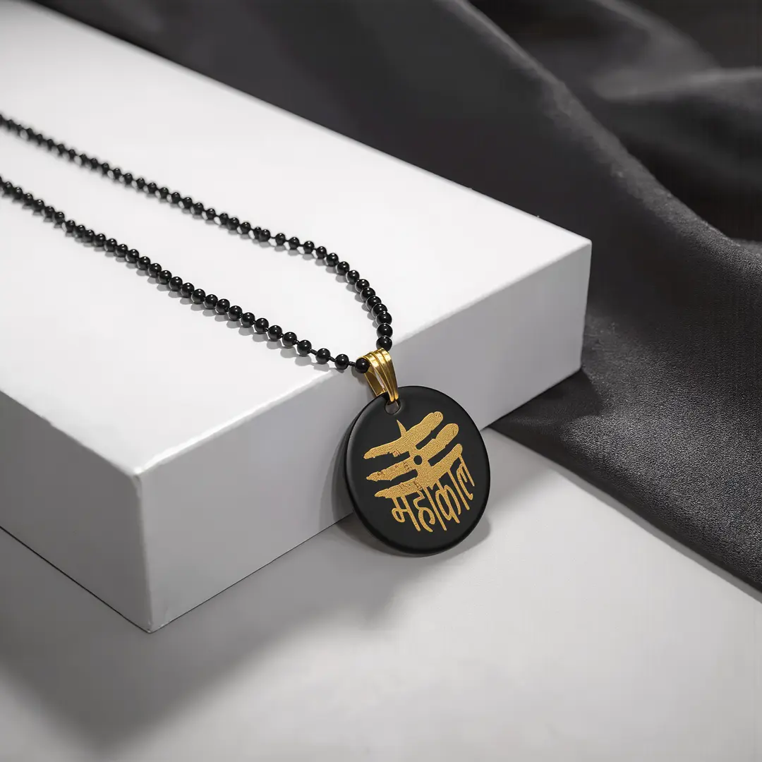 Mahakal Locket with Chain Black Gold Metal Necklace angled product view