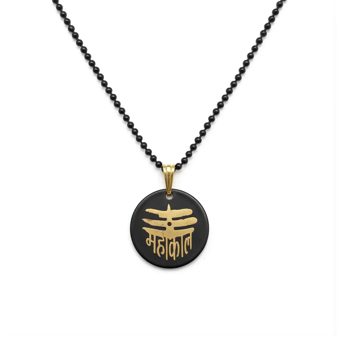 Mahakal Locket with Chain Black Gold Metal Necklace clean studio view