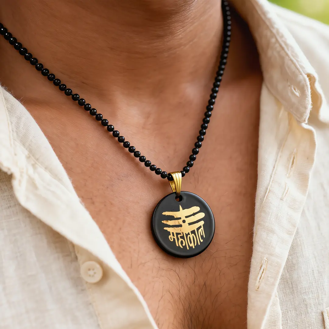 Mahakal Locket with Chain Black Gold Metal Necklace wearable lifestyle view