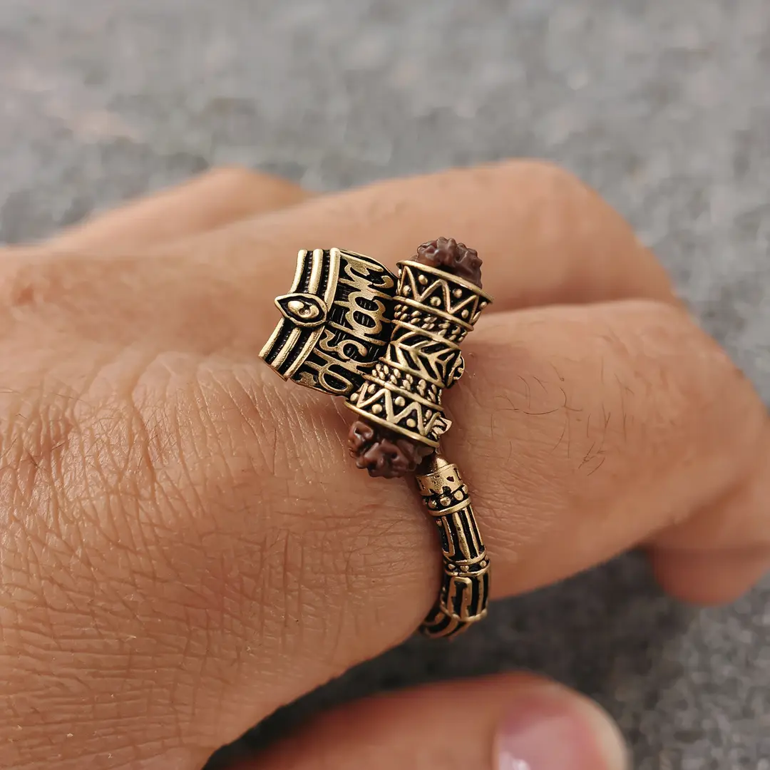 Mahakal Rudraksha Rose Gold Plated Ring worn on a men's finger