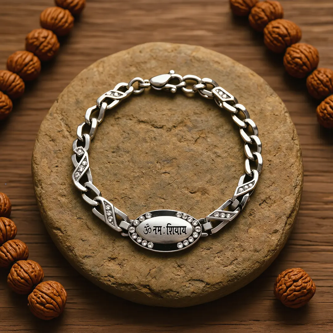 Silver Om Namah Shivay Diamond Bracelet devotional product flat lay