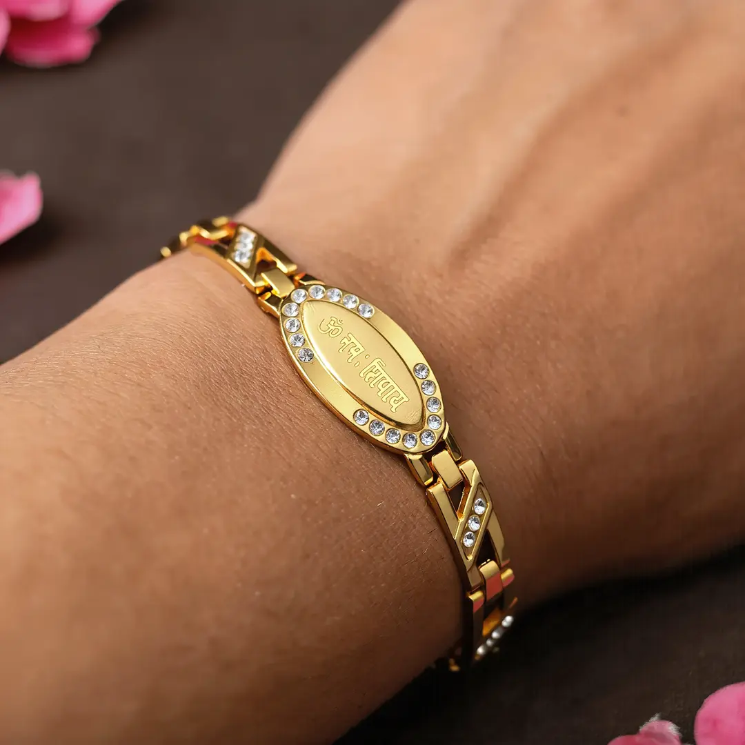Gold Plated Om Namah Shivay Diamond Bracelet worn on a men's wrist