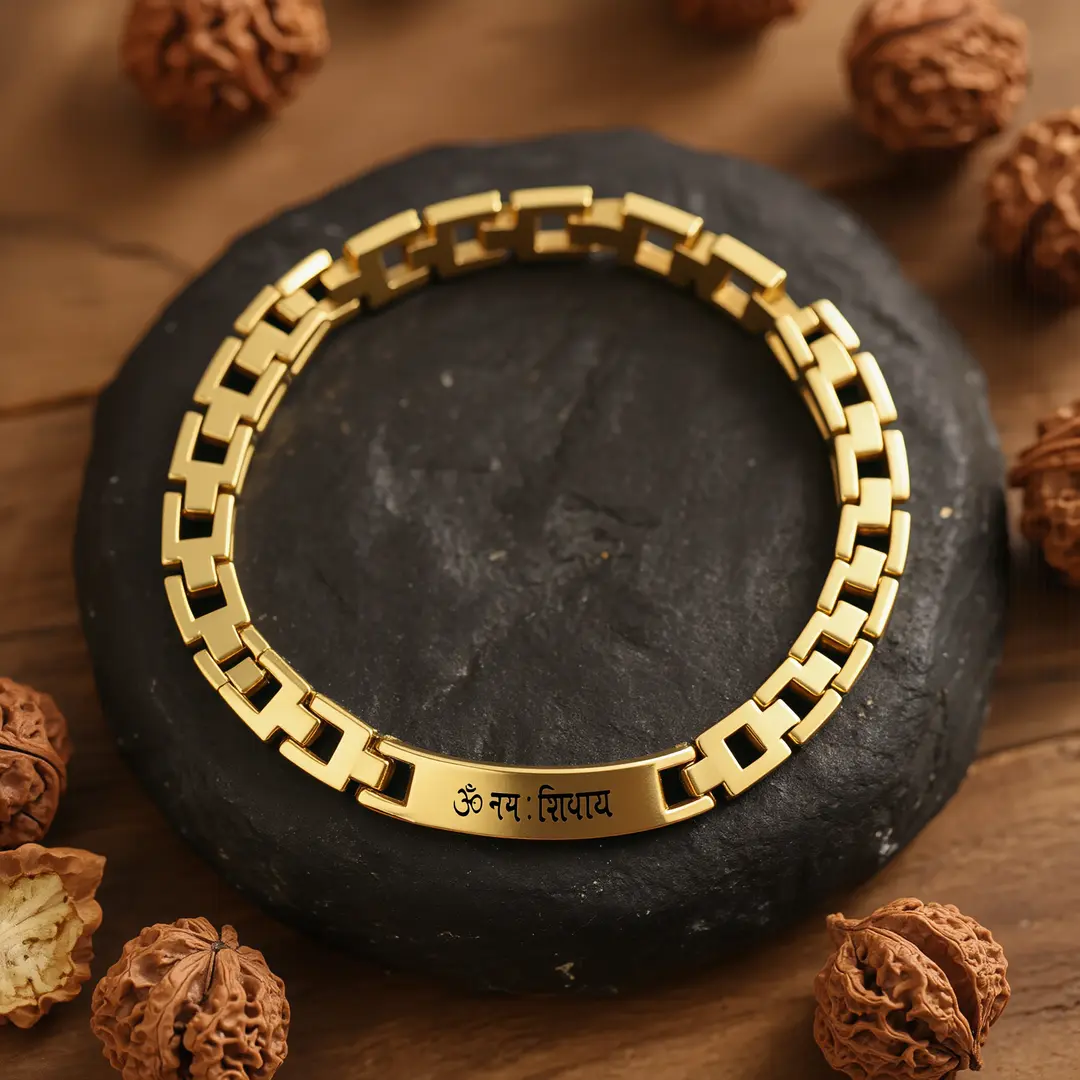 Om Namah Shivay Gold Bracelet devotional product flat lay