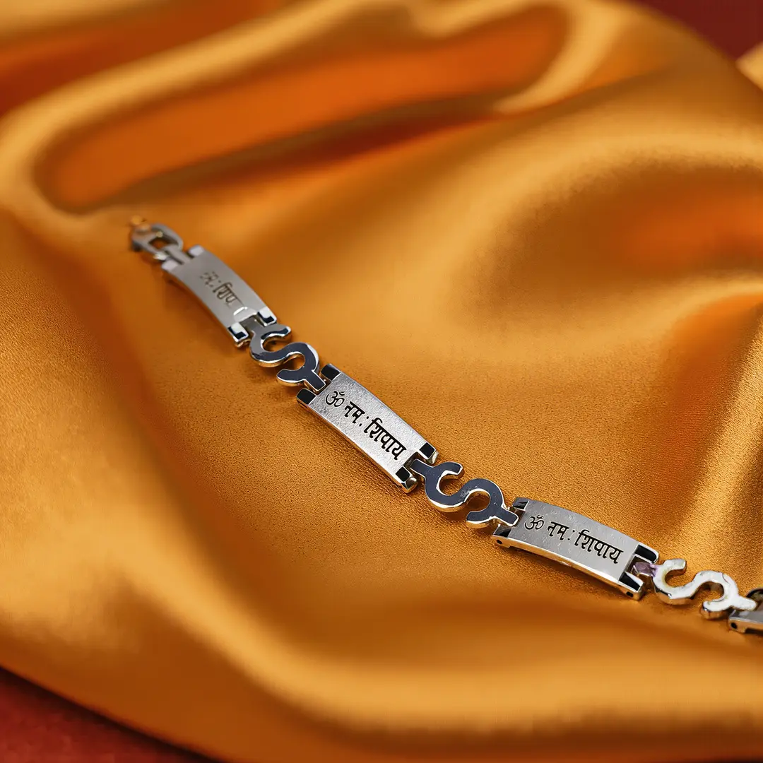 Om Namah Shivay Silver Bracelet angled product view