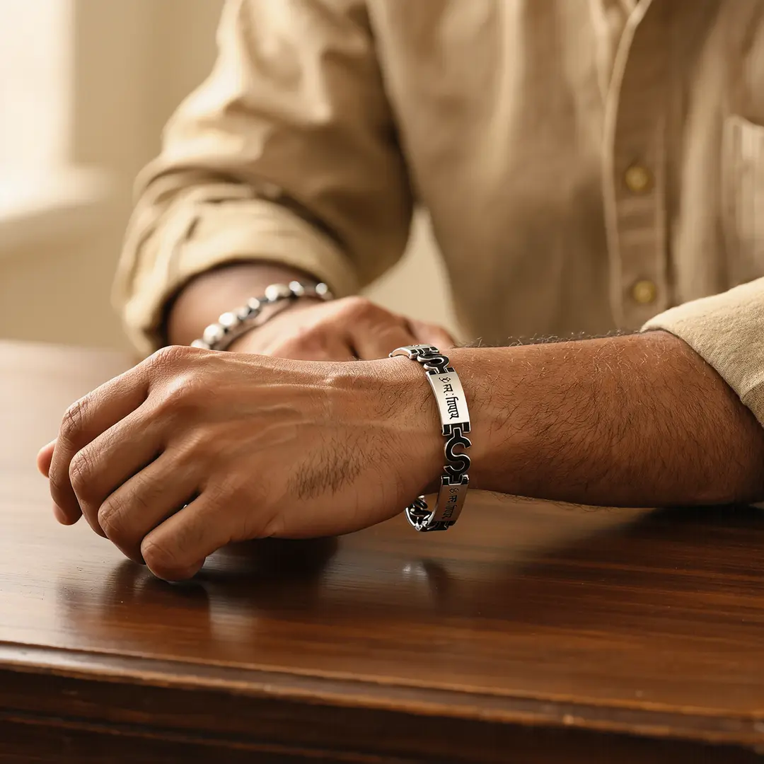 Om Namah Shivay Silver Bracelet wrist lifestyle view