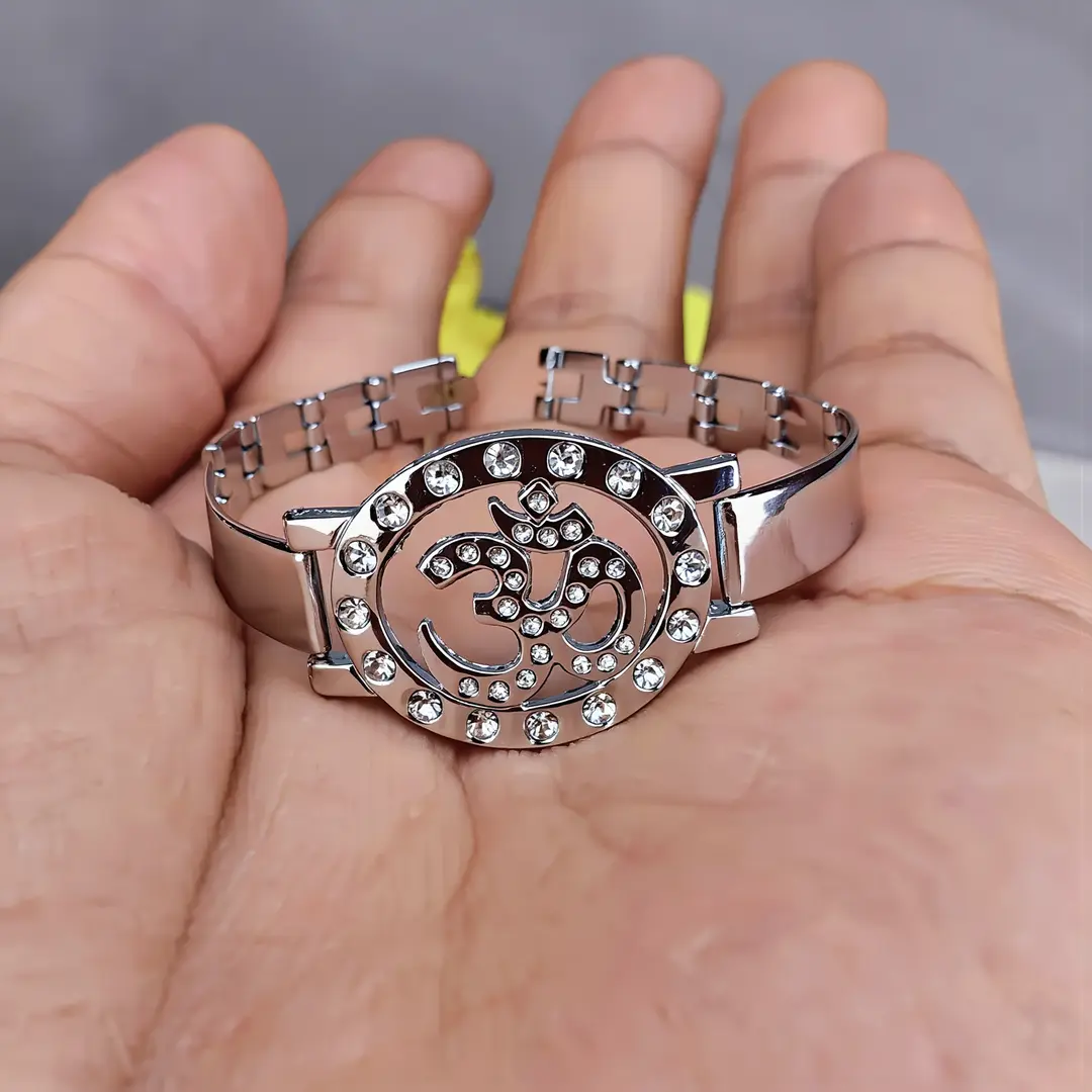 Om Silver Plated Beaded Bracelet devotional product flat lay