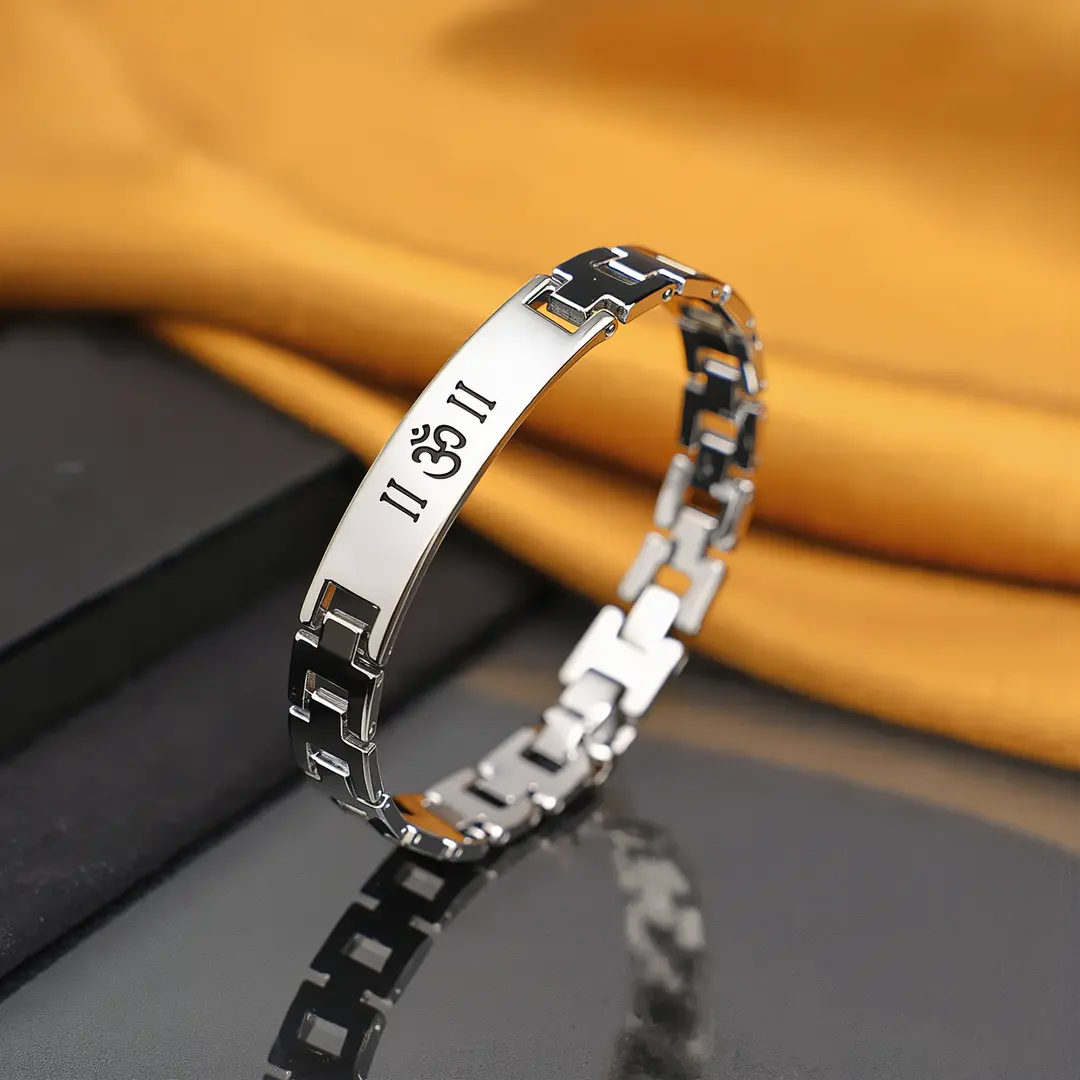 Om Silver Steel Bracelet angled product view