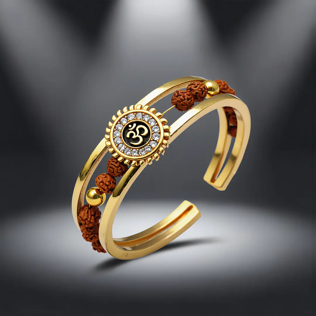 Om Sun Cuff Kada Bracelet with Rudraksh and Crystal for Men angled product view