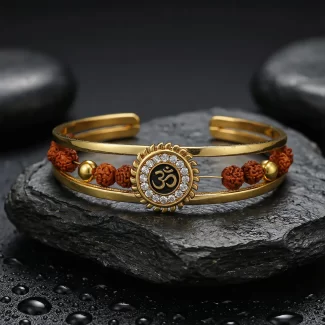 Om Sun Cuff Kada Bracelet with Rudraksh and Crystal for Men premium hero view