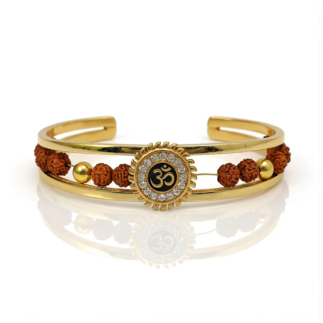 Om Sun Cuff Kada Bracelet with Rudraksh and Crystal for Men on clean white background