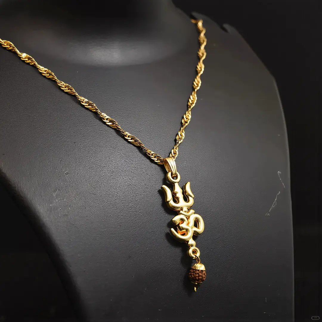 Om Trishul Pendant Locket with Gold Plated Chain premium hero view