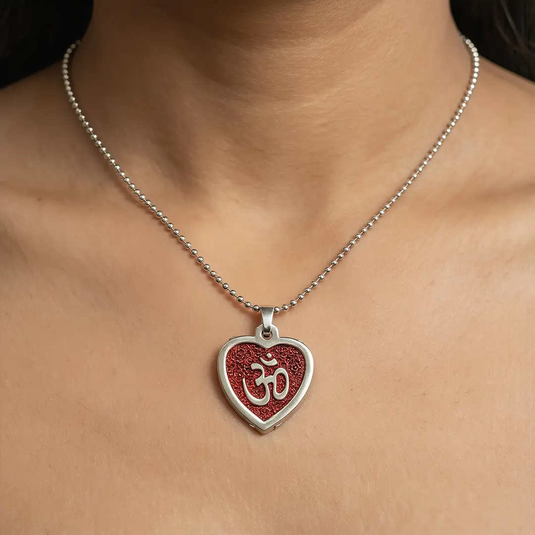Red Om Heart Pendant wearable lifestyle view