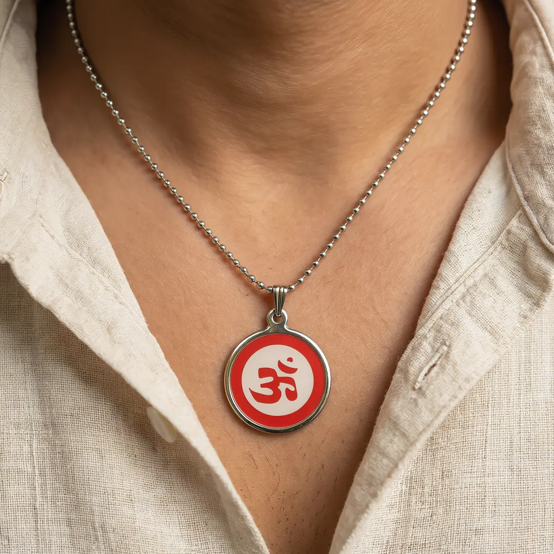 Red Om Pendant wearable lifestyle view