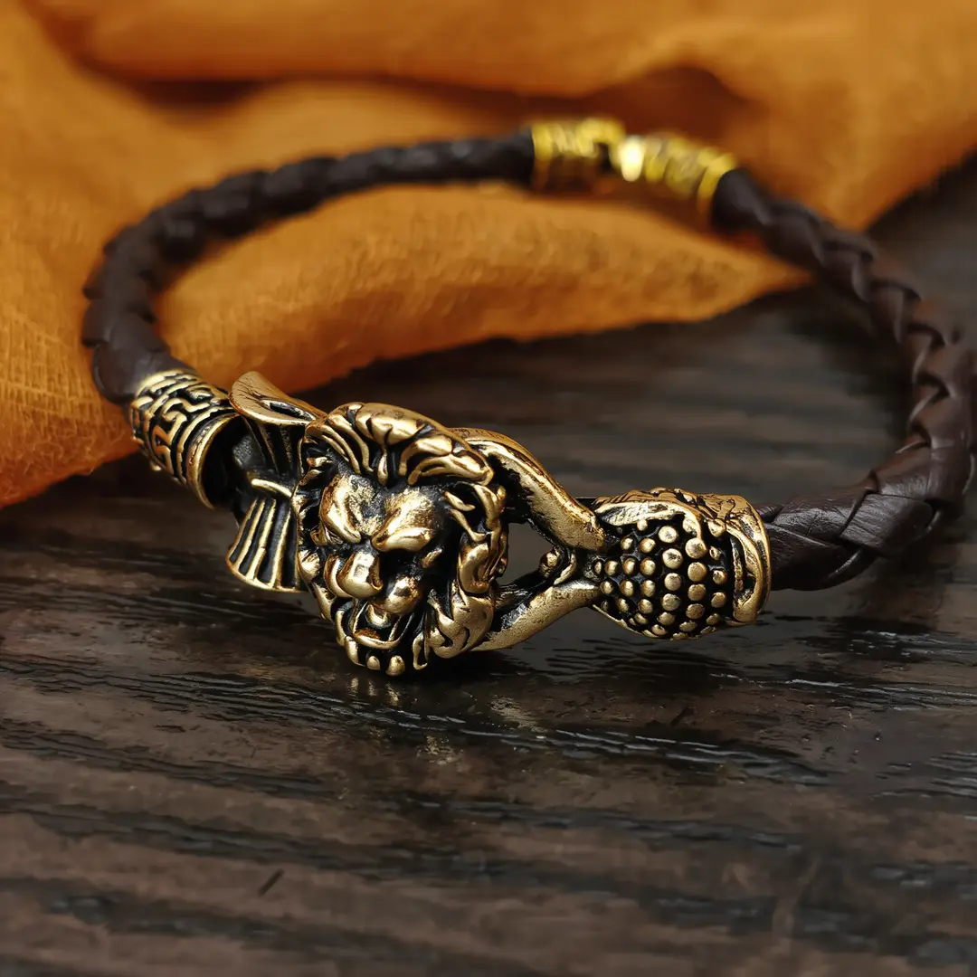 Rose Gold Plated Simba Rudraksh Trishul Leather Bracelet angled product view