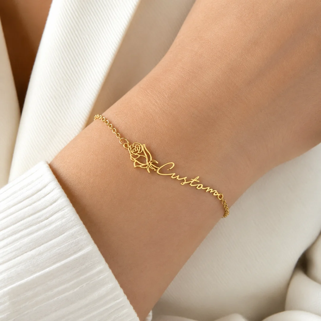 Rose Signature Name Bracelet on female wrist – personalized jewellery