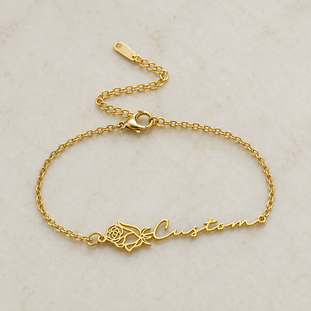 Rose Signature Name Bracelet flat lay product view – personalized jewellery