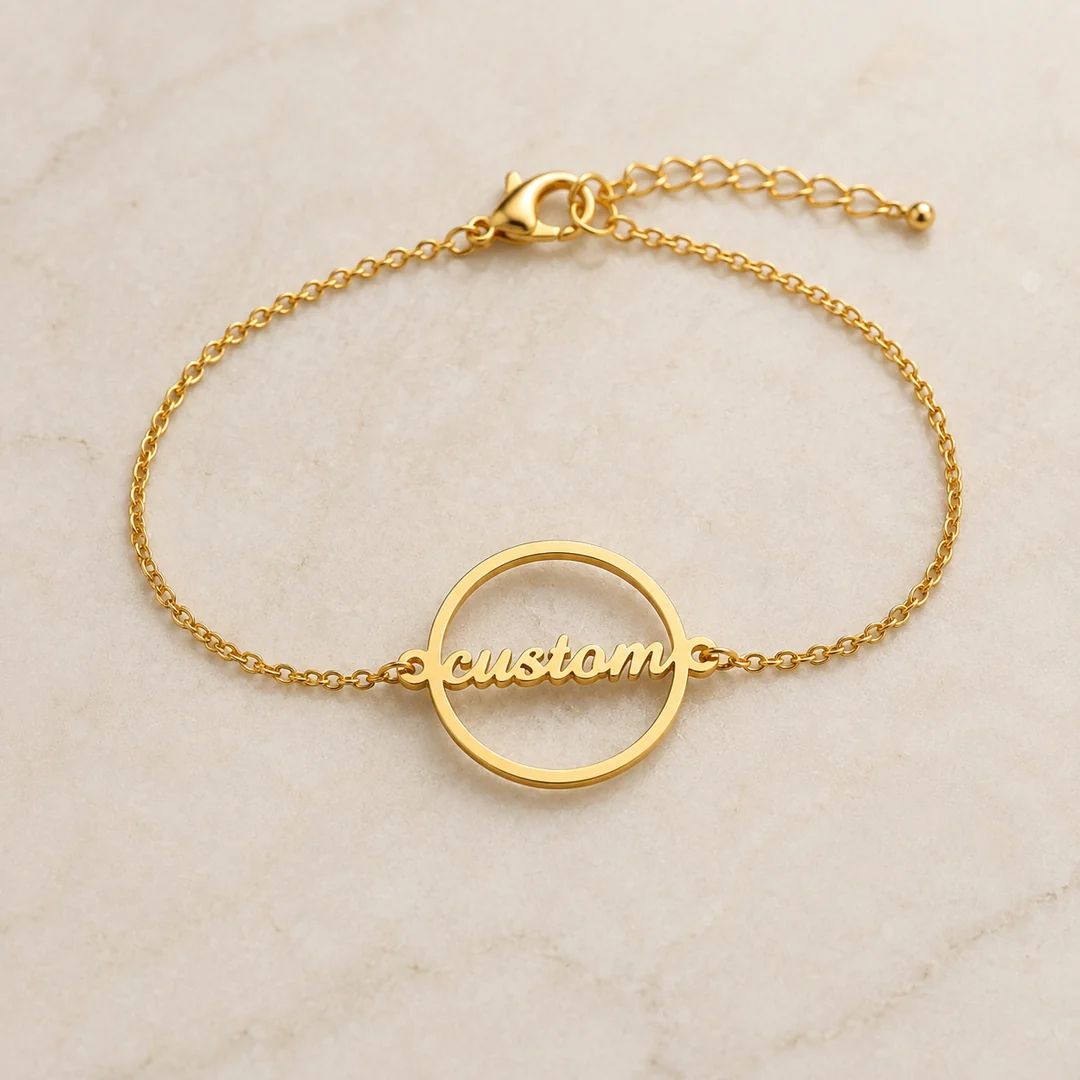 Round Name Bracelet flat lay product view – personalized jewellery