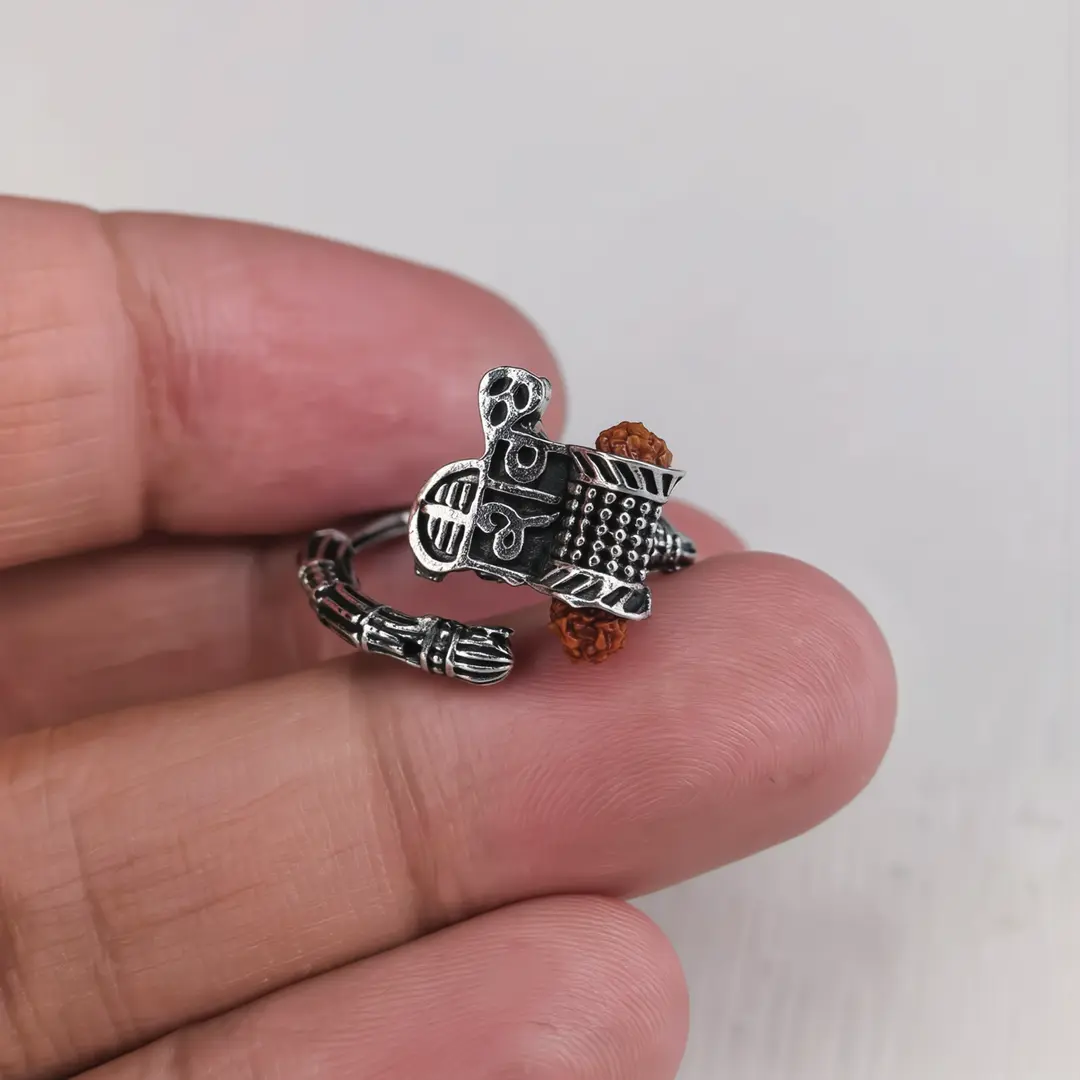 Shiv Rudraksha Silver Plated Ring held in hand close-up