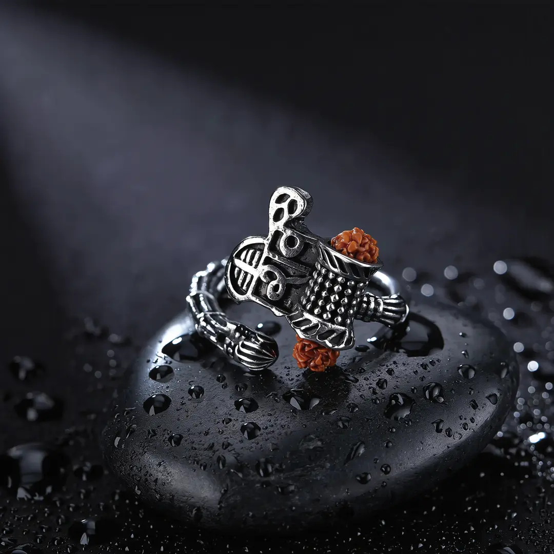 Shiv Rudraksha Silver Plated Ring premium hero view