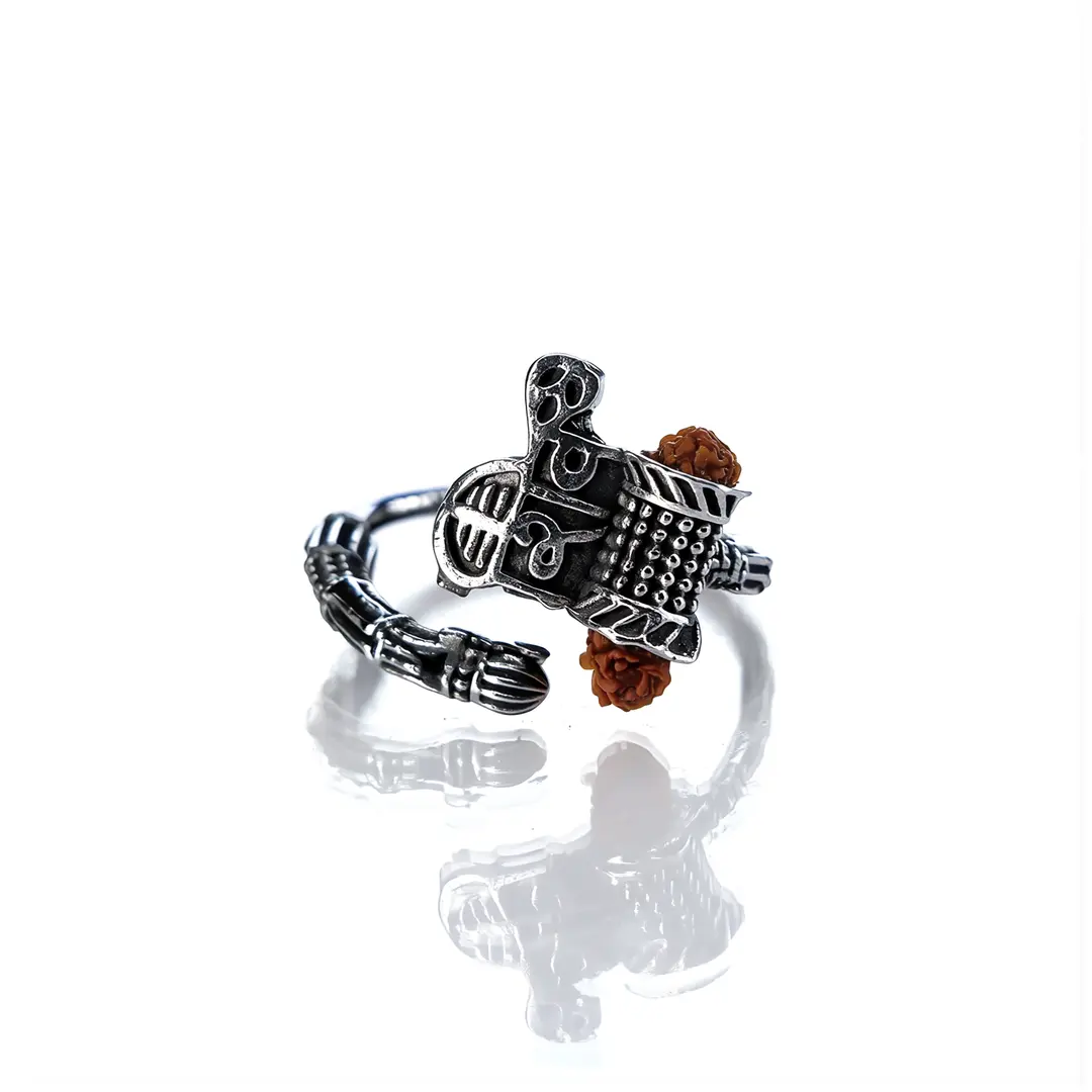 Shiv Rudraksha Silver Plated Ring on clean white background