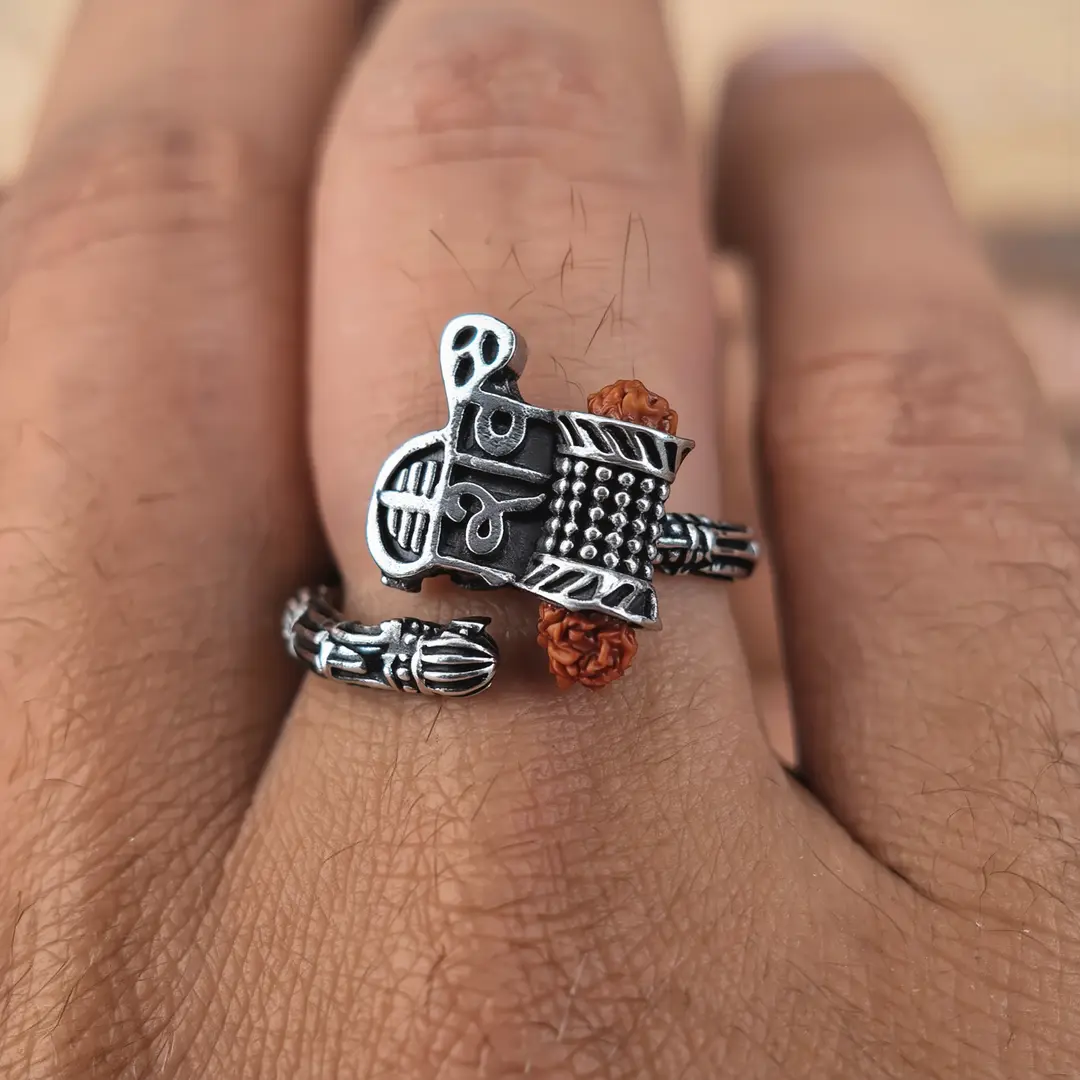 Shiv Rudraksha Silver Plated Ring worn on a men's finger