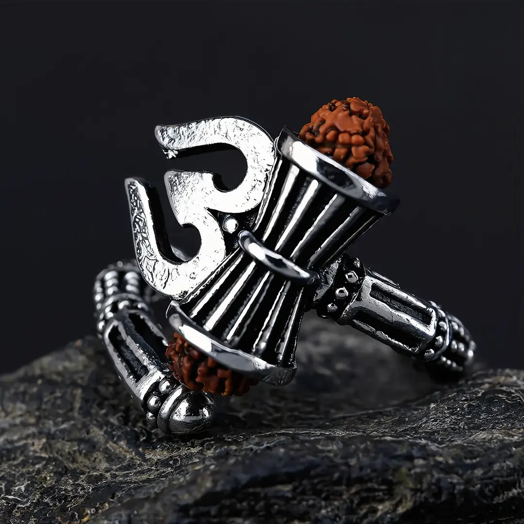 Shiva Mahakal Trishul Damroo Ring on clean white background