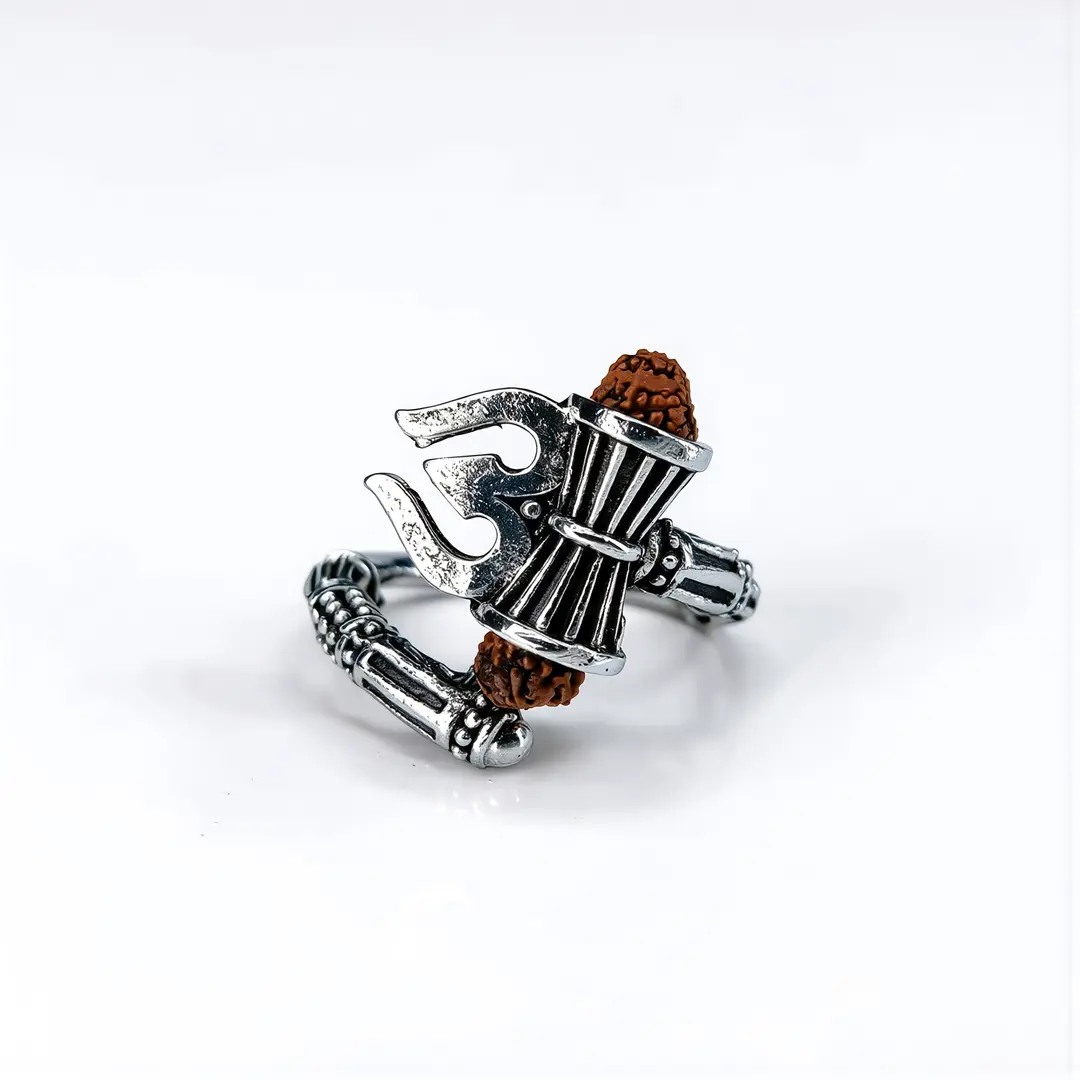 Shiva Mahakal Trishul Damroo Ring worn on a men's finger