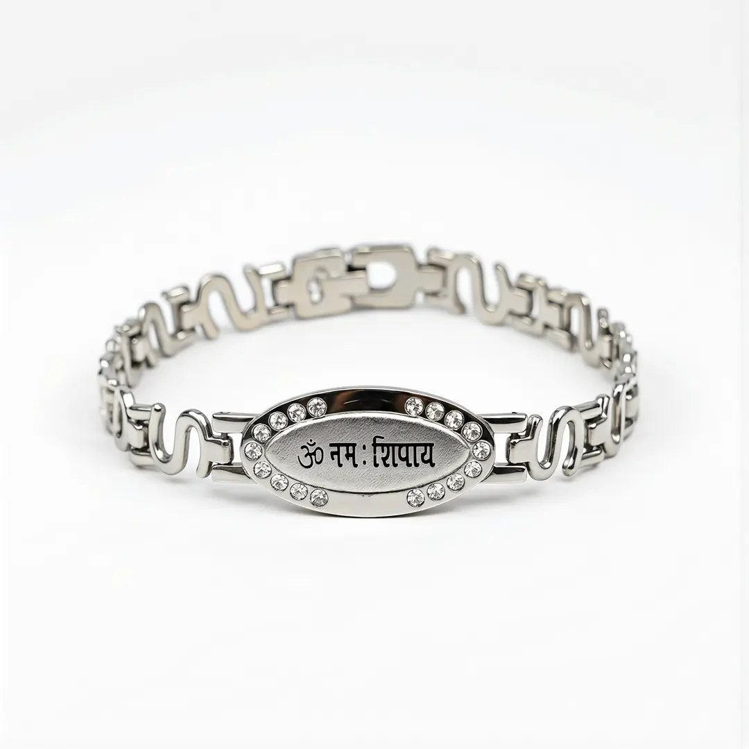 Silver-Plated Oval Om Namah Shivay Bracelet on clean white background