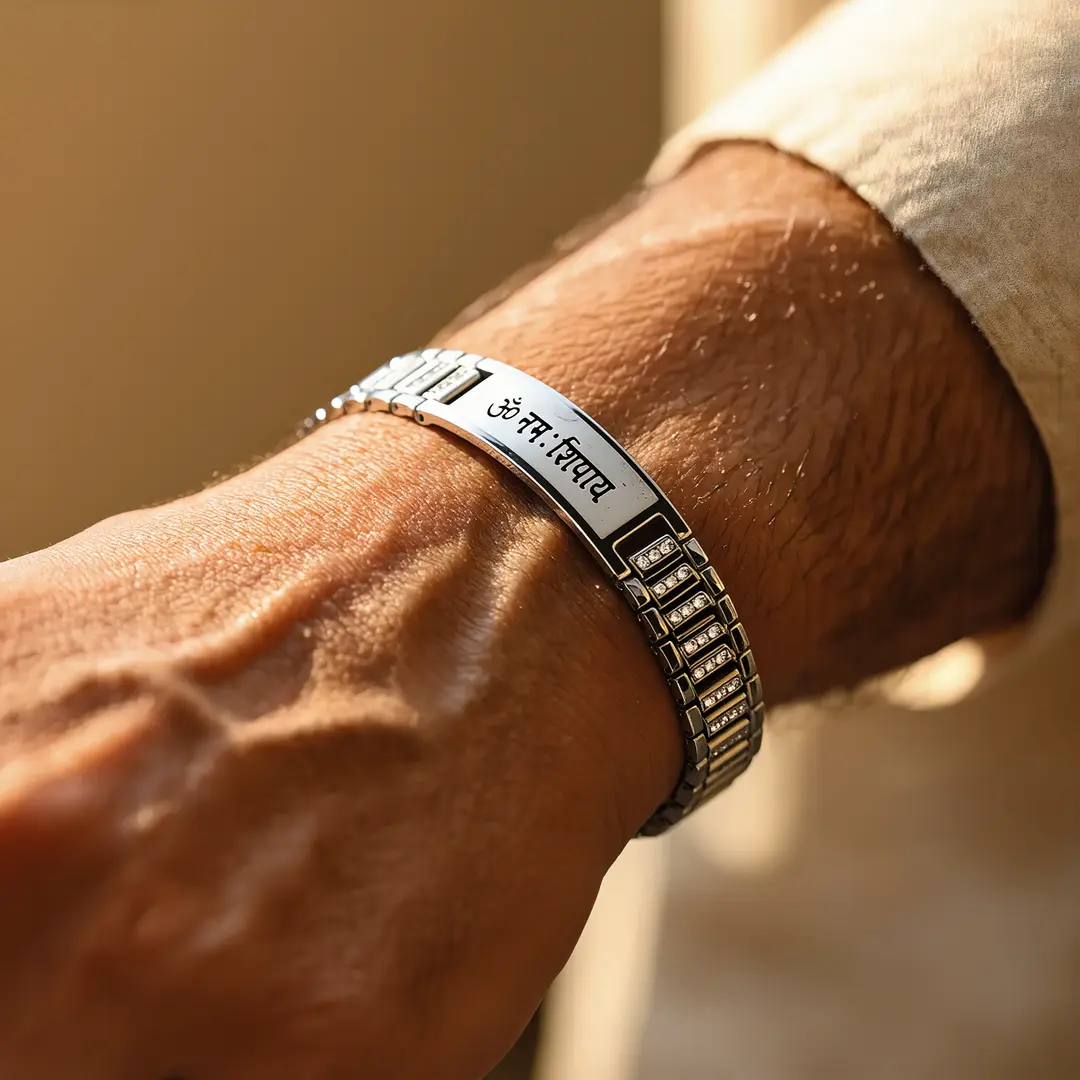 Silver-Plated Bar Om Namah Shivay Bracelet wearable lifestyle view