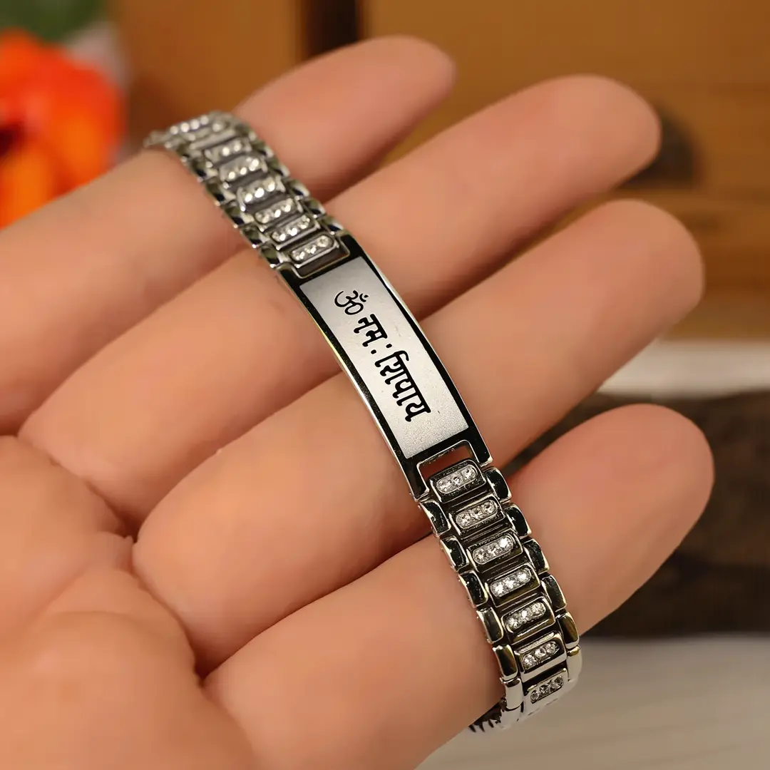Silver-Plated Bar Om Namah Shivay Bracelet hand-held detail view