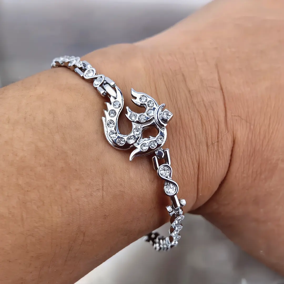 Silver Plated Om Diamond Bracelet worn on a men's wrist