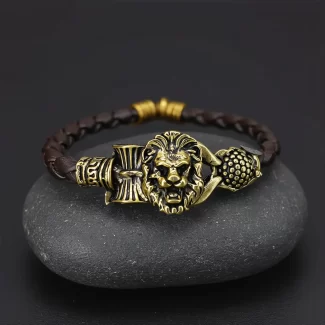 Gold Plated Simba Rudraksh Trishul Leather Bracelet premium hero view