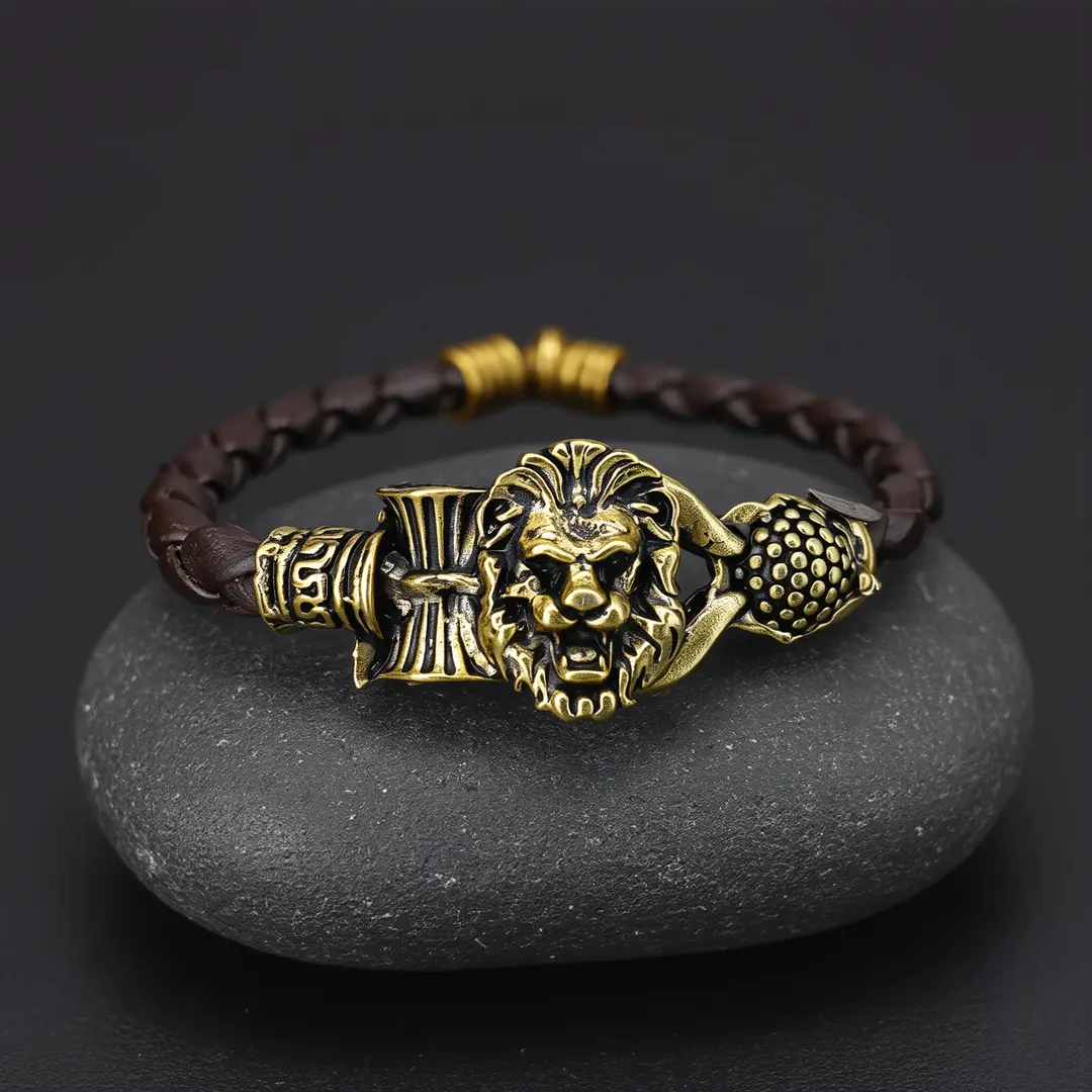 Gold Plated Simba Rudraksh Trishul Leather Bracelet premium hero view