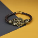 Gold Plated Simba Rudraksh Trishul Leather Bracelet angled product view