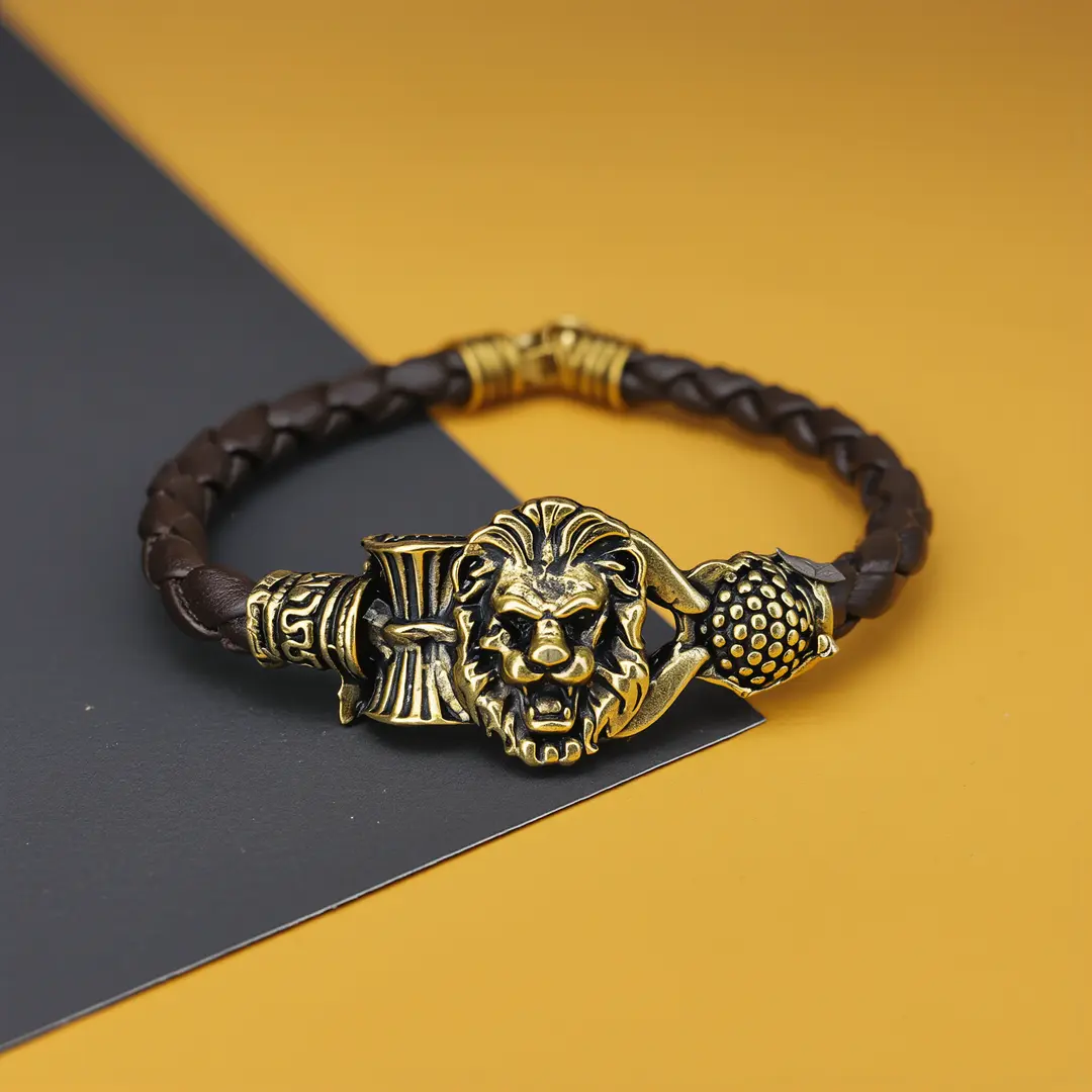 Gold Plated Simba Rudraksh Trishul Leather Bracelet angled product view