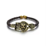 Gold Plated Simba Rudraksh Trishul Leather Bracelet clean studio view
