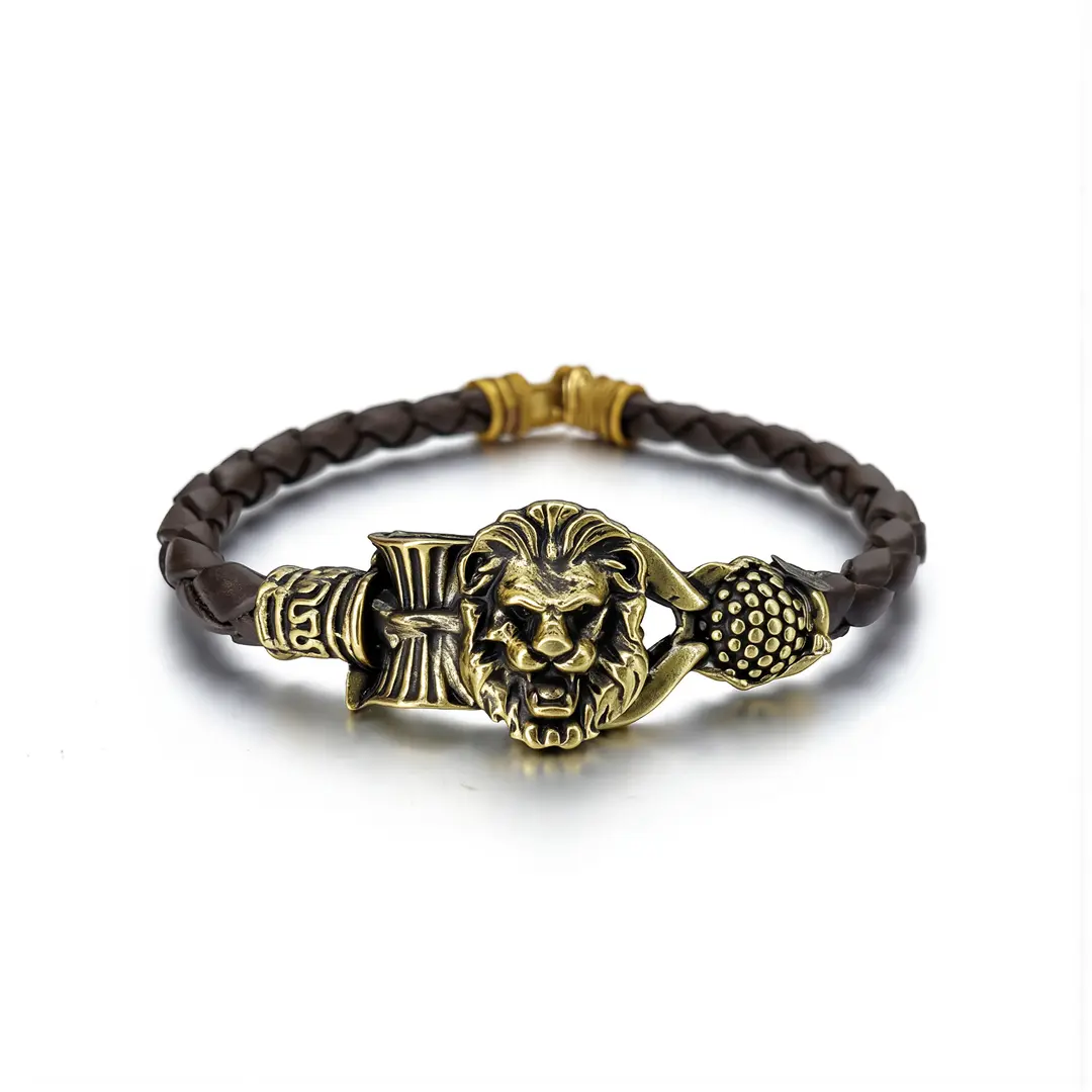 Gold Plated Simba Rudraksh Trishul Leather Bracelet clean studio view