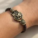 Gold Plated Simba Rudraksh Trishul Leather Bracelet wrist lifestyle view