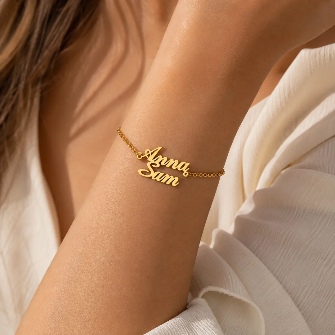Simple Couple Name Bracelet on female wrist – personalized jewellery
