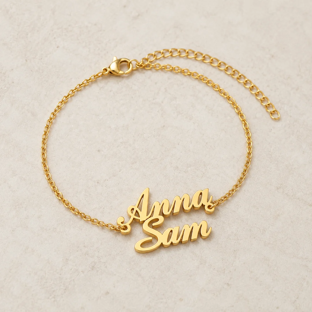 Simple Couple Name Bracelet flat lay product view – personalized jewellery