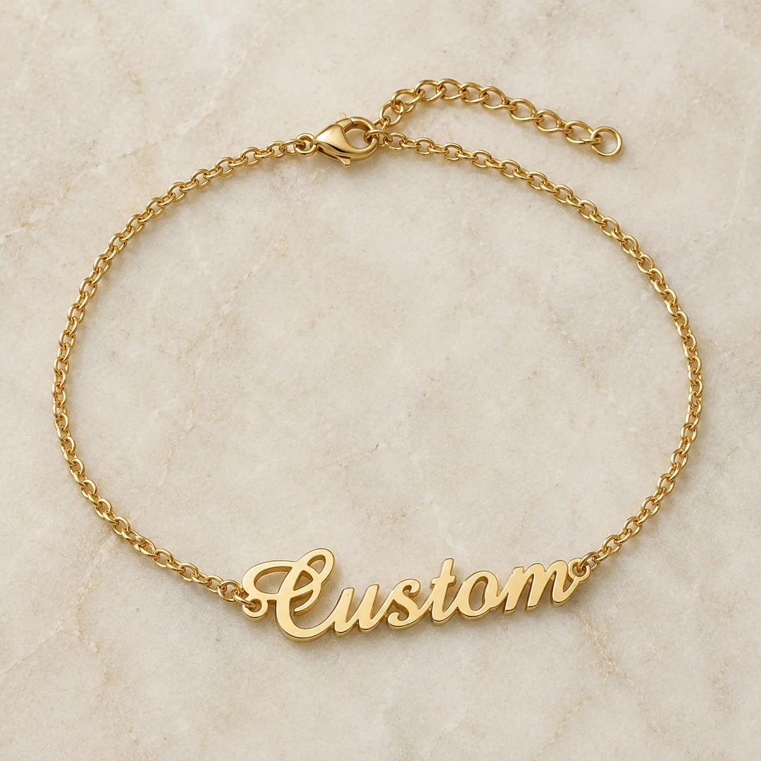 Simple Name Bracelet flat lay product view – personalized jewellery