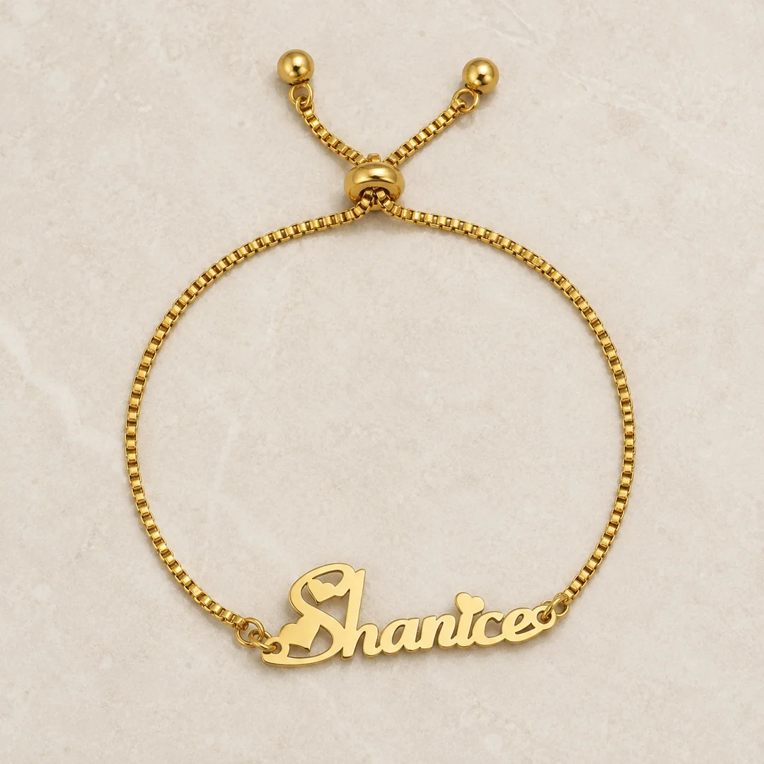 Small Heart Design Name Bracelet – Flat Lay Small Heart Design Name Bracelet flat lay product view – personalized jewellery