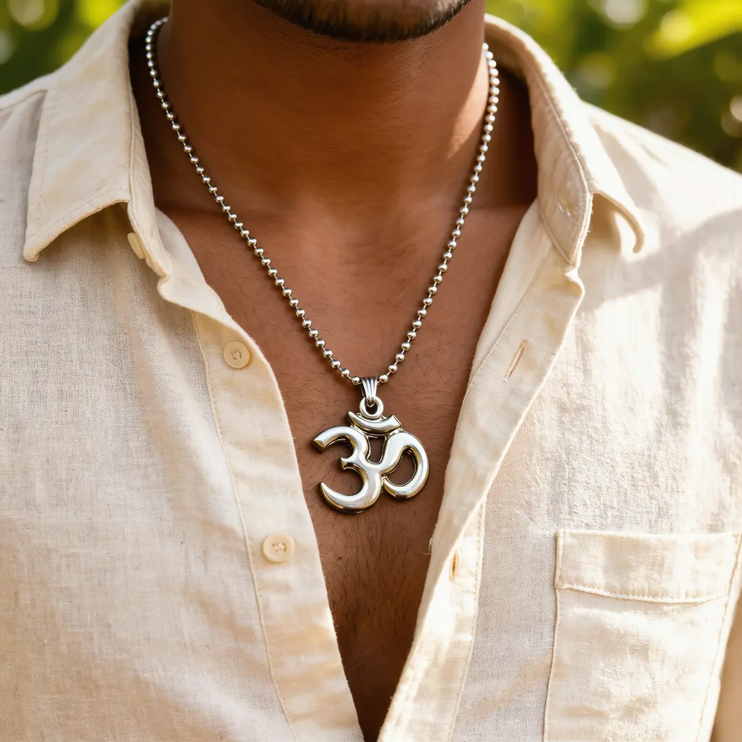 Antique Finish Om Pendant with Chain wearable lifestyle view Antique Finish Om Pendant with Chain wearable lifestyle view