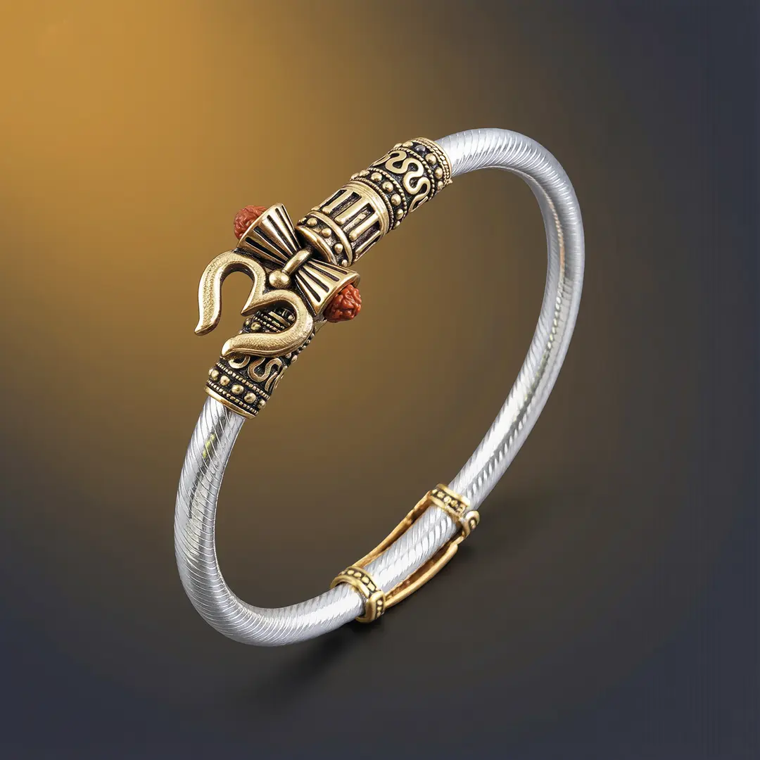 Trendy One Sided Trishul Damru OM Rudraksha Beads Gold Plated Kada angled product view