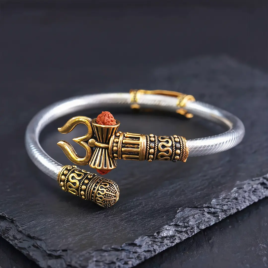 Trendy One Sided Trishul Damru OM Rudraksha Beads Gold Plated Kada premium hero view