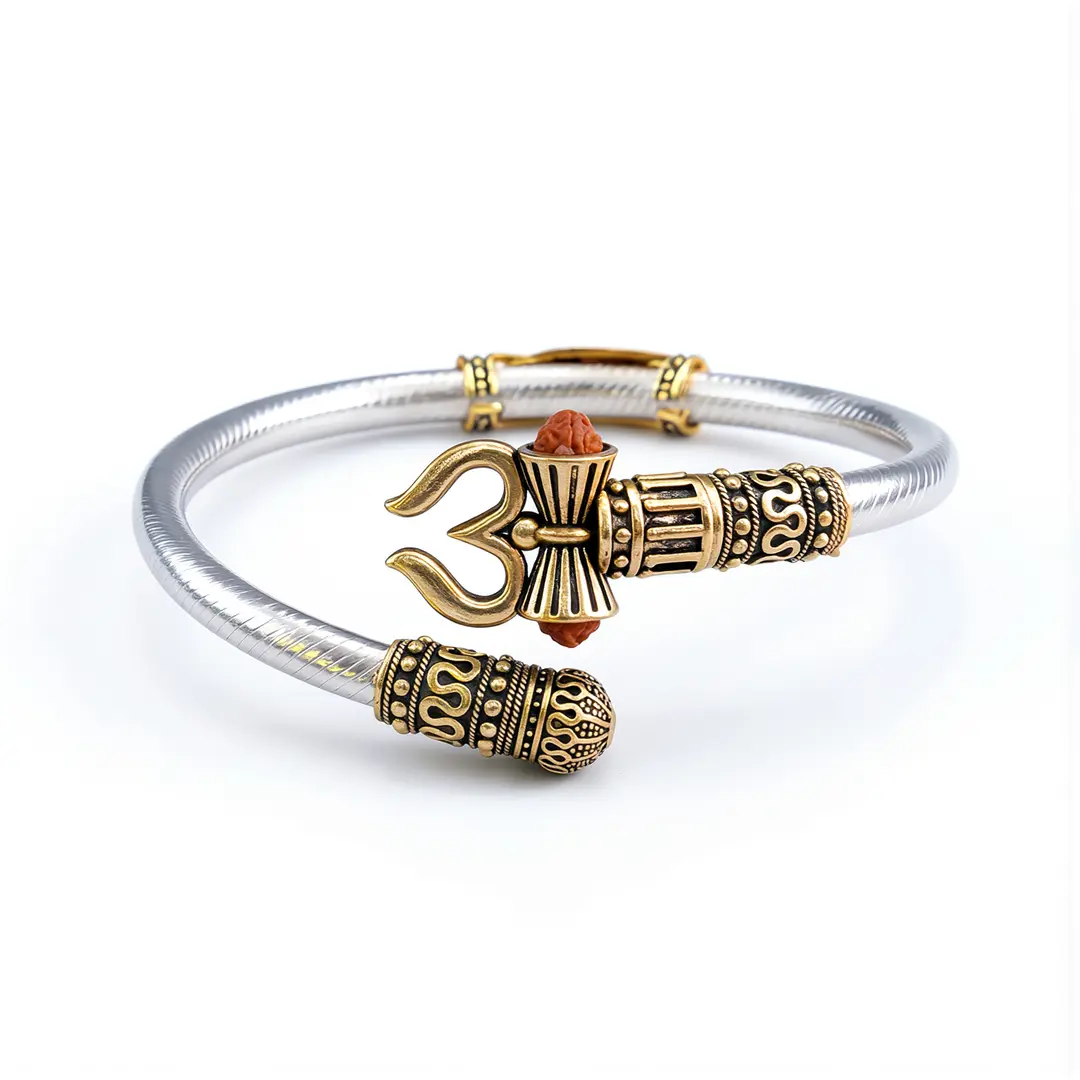 Trendy One Sided Trishul Damru OM Rudraksha Beads Gold Plated Kada on clean white background