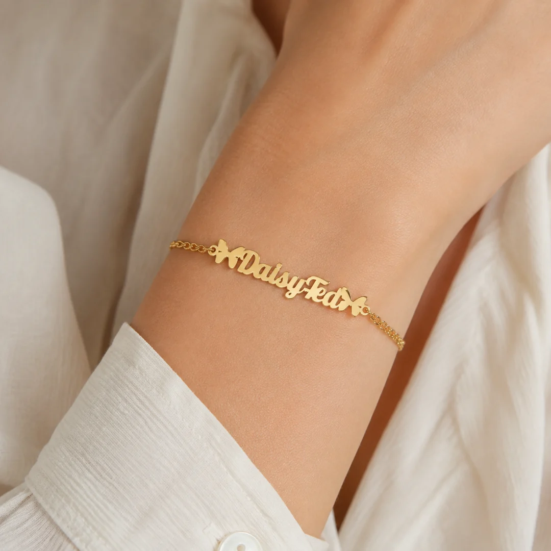 Two Butterfly Name Bracelet on female wrist – personalized jewellery