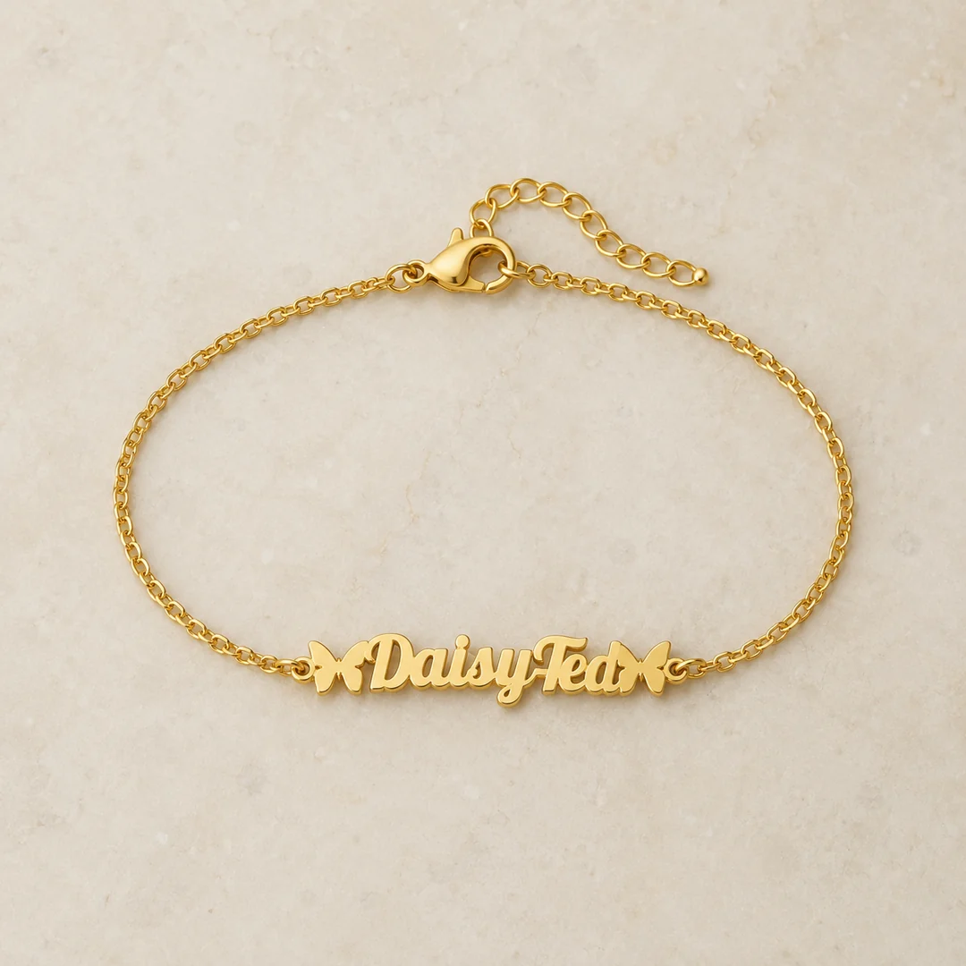 Two Butterfly Name Bracelet flat lay product view – personalized jewellery