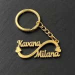 Double Name Infinity Keychain in gold brass on a black stone background